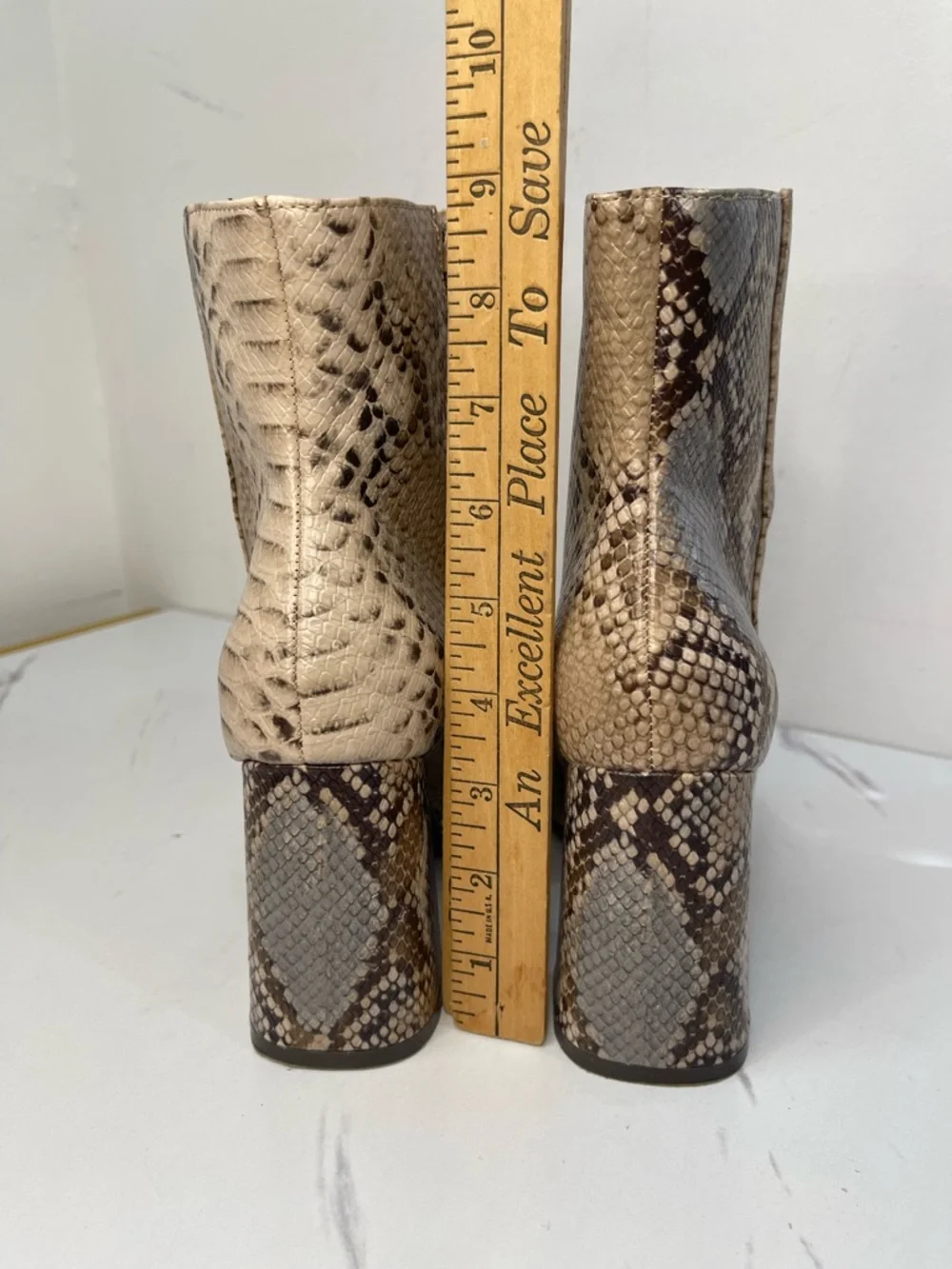BAMBOO Snake-Print Block Heel Ankle Boots in Beige and Brown Size 7.5M